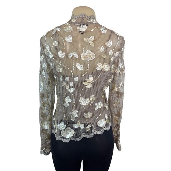 JS Boutique Women's Beige Sheer & Embroidered Long Sleeve Cami Set Sz 10 - Picture 3 of 11
